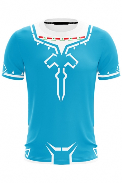 Popular Unique Short Sleeve Round Neck The Legend of Zelda Anime 3D Geo Cosplay Pattern Slim Fit T Shirt in Blue