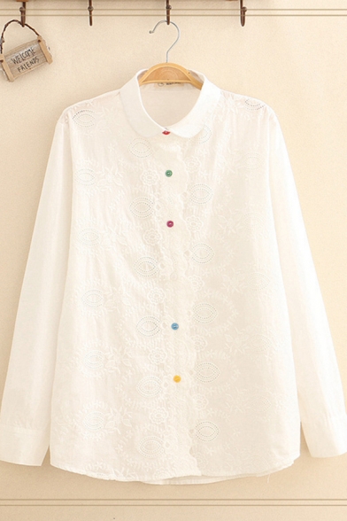 Preppy Girls' White Long Sleeve Lapel Neck Colorful Button Down Lace Relaxed Fit Shirt