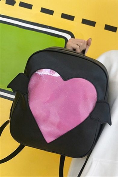 Preppy Looks Sheer Heart Wings Panel PU Leather Backpack