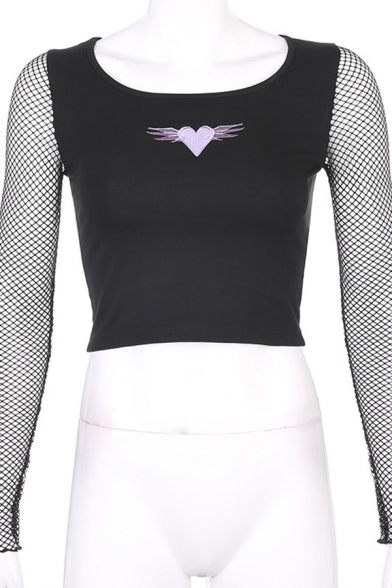 Punk Gothic Girls Long Sleeve Round Neck See-Through Fishnet Panel Heart Wings Embroidered Slim Fitted Tee in Black