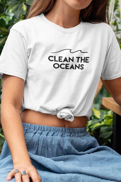 Simple Fashion Short Sleeve Crew Neck Letter CLEAN THE OCEANS Loose T Shirt in White