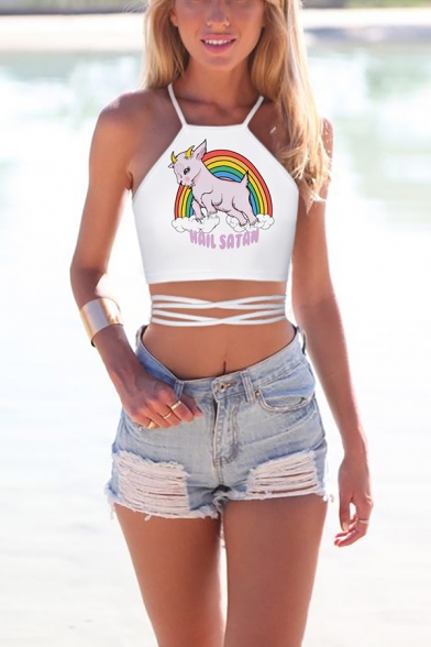 Simple Womens Sleeveless Rainbow Unicorn Wave Alien Printed Lace Up Hollow Out Slim Fit Crop Cami Top