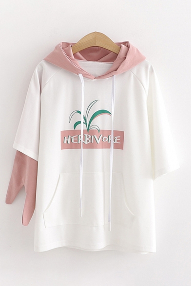 Stylish Short Sleeve Drawstring Letter HERBIVORE Graphic Pouch Pocket Contrasted Asymmetric Patched Oversize Hoodie for Women