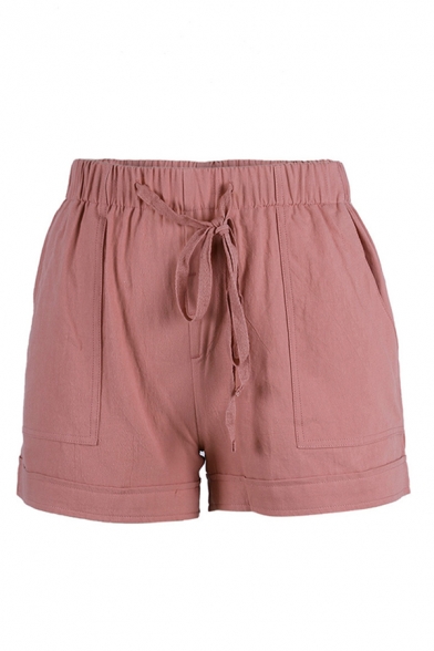 Summer Leisure Trendy Drawstring Waist Solid Color Rolled Cuffs Relaxed Shorts for Women