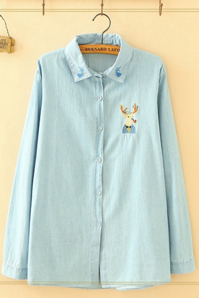 Trendy Girls Long Sleeve Lapel Collar Button Down Deer Embroidery Relaxed Fit Shirt in Blue