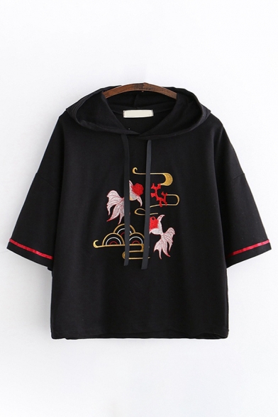 Trendy Ladies Three-Quarter Sleeves Drawstring Goldfish Embroidered Striped Relaxed Hoodie