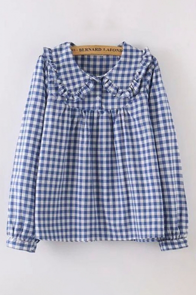 ute Trendy Blue Long Sleeve Peter Pan Collar Button Up Checker Printed Stringy Selvedge Relaxed Shirt for Girls