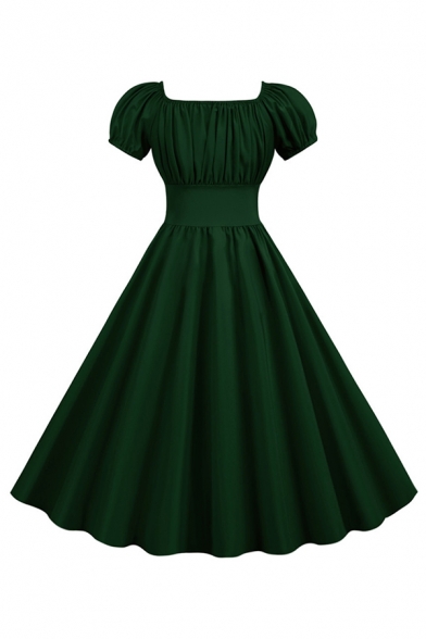 Women's Formal Retro Puff Sleeves Square Neck Solid Color Maxi Pleated Swing Evening Dress