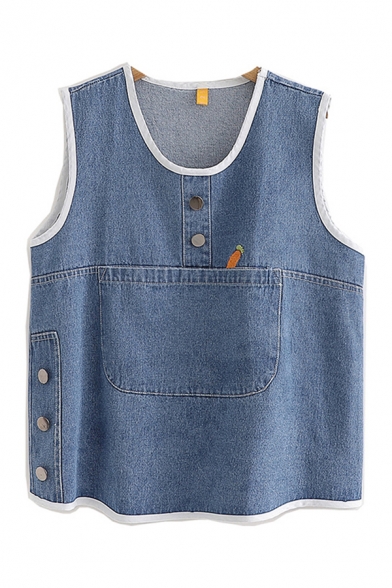 Womens Sleeveless Round Neck Button Detail Pocket Patched Relaxed Fit Denim Tank Top in Blue