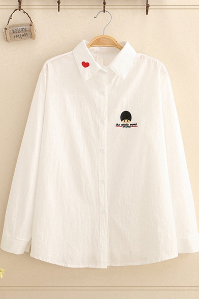 Basic White Long Sleeve Lapel Collar Button Down Letter Cartoon Heart Embroidery Loose Shirt for Ladies