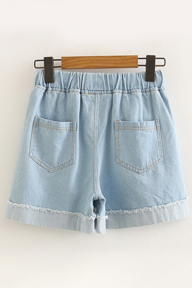 Casual Fashion Drawstring Waist Cat Embroidery Cuffed Raw Edge Relaxed Fit Denim Shorts