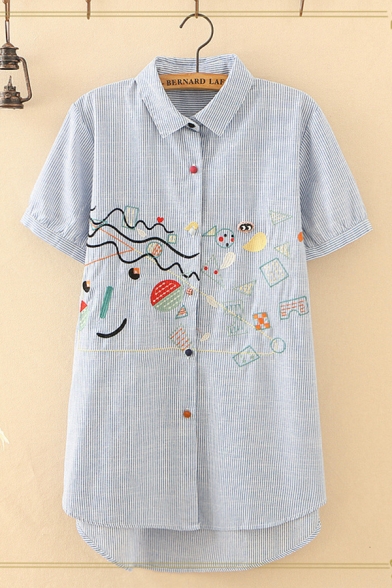 Chic Preppy Girls Short Sleeve Lapel Collar Button Down Cartoon Geometric Embroidery Stripe Curved Hem Loose Shirt