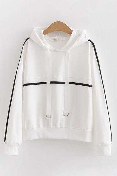 Chic Trendy Womens Long Sleeve Drawstring Contrast Piped Relaxed Fit Hoodie