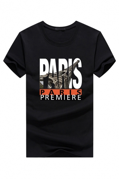 Cool Boys' Short Sleeve Crew Neck Letter PARIS Printed Slim Fit T Shirt