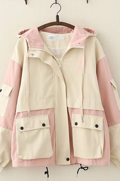 Cool Casual Long Sleeve Zipper Front Flap Pockets Color Block Loose Fit Jacket for Girls