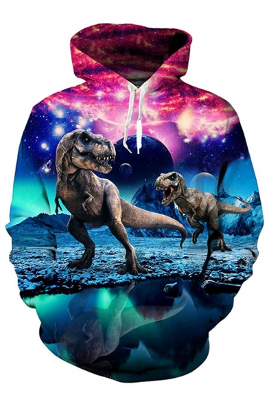 Creative Guys Blue Long Sleeve Drawstring 3D Dinosaur Starry Sky Patterned Loose Fit Hoodie with Pocket