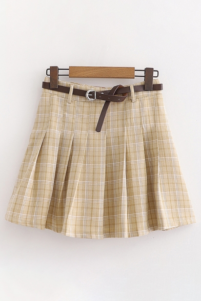 Elegant Girls High Waist Checkered Printed Pleated Short A-Line Skirt with Belt
