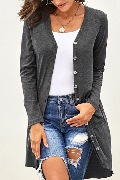 Elegant Trendy Ladies' Plain Long Sleeve Button Down Longline Thin Cardigan