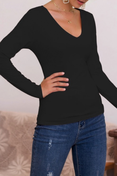 Elegant Women's Long Sleeve V-Neck Solid Color Slim Fit T Shirt