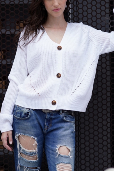 Fashion Pretty Blouson Sleeve V-Neck Button Front Solid Color Knitted Loose Cardigan for Ladies