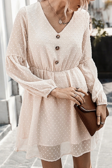 Fashionable Ladies Long Sleeve V-Neck Button Up Polka Dot Sheer Mesh Plain Mini A-Line Dress