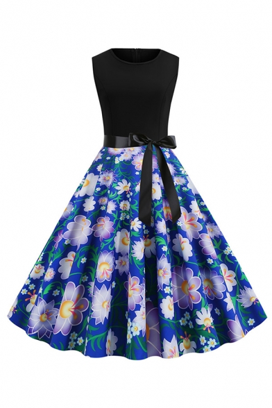 Formal Ladies Sleeveless Round Neck Bow Tied Waist Floral Pattern Maxi Pleated Swing Dress