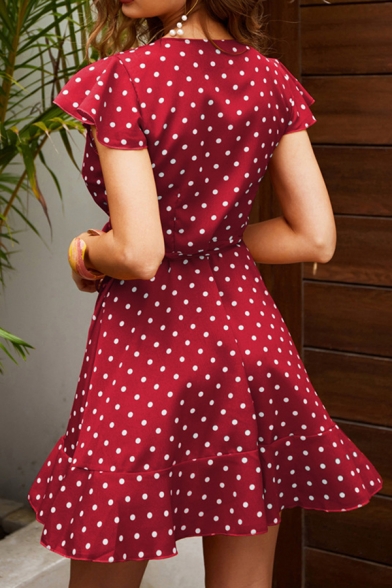 Gorgeous Womens Short Sleeve Surplice Neck Ruffle Trimmed Polka Dot Print Short A-Line Dress