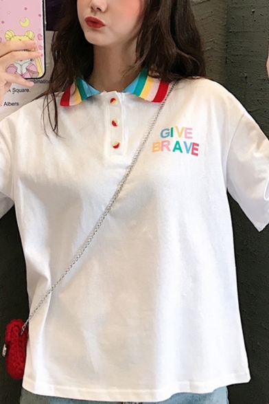 Leisure Classic Girls' Short Sleeve Rainbow Lapel Neck Button Detail GIVE BRAVE Letter Relaxed Fit Polo Top