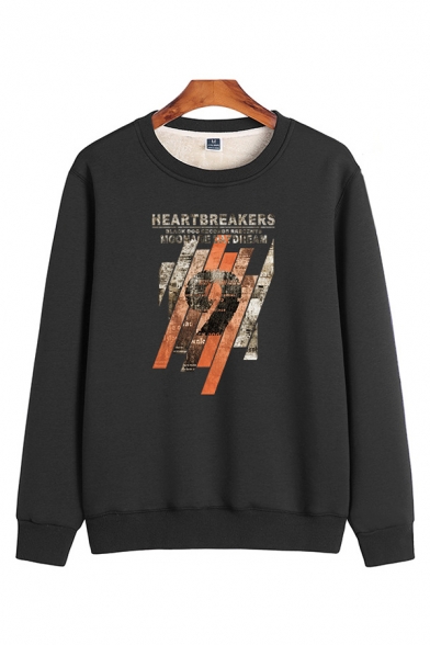 Leisure Thickened Men's Long Sleeve Crew Neck HEARTBREAKERS Letter Printed Relaxed Fit Pullover Sweatshirt
