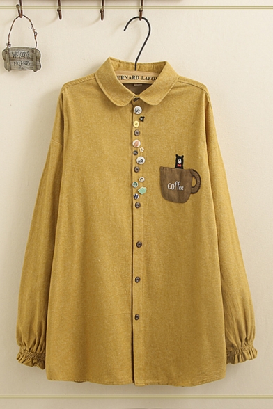 Popular Girls Long Sleeve Peter Pan Collar Button Down Letter COFFEE Cartoon Embroidered Panel Pocket Relaxed Fit Shirt