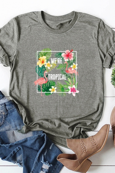Popular Girls Roll-Up Sleeve Crew Neck Letter WE'RE TROPICAL Flower Graphic Relaxed Tee Top