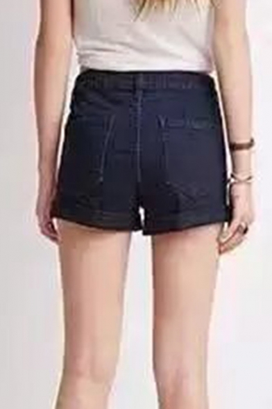 Popular Simple Solid Color High Waist Rolled Edge Fitted Denim Shorts for Women