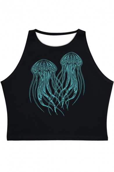 Popular Womens Sleeveless Round Neck Dolphin Jellyfish Printed Slim Fit Crop Tank Top in Black