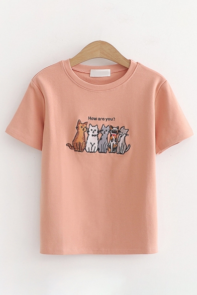Preppy Girls Short Sleeve Round Neck Letter HOW ARE YOU Cat Embroidered Relaxed Fit T Shirt
