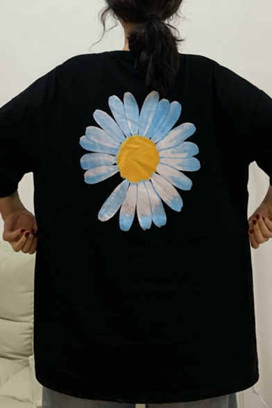Stylish Girls' Short Sleeve Crew Neck Letter PEACEMINUSON Sunflower Printed Longline Oversize Tee Top