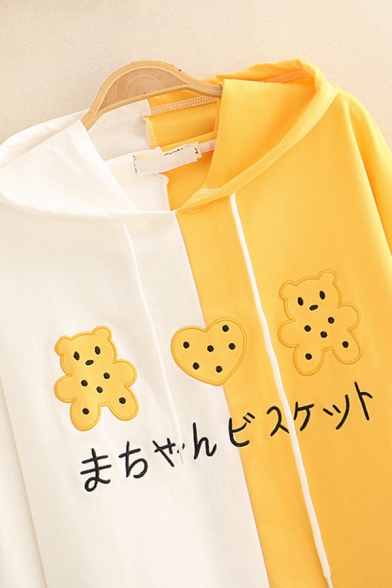 Unique Lovely Girls' Long Sleeve Drawstring Bear Heart Embroidery Japanese Letter Colorblock Varsity Stripe Loose Fit Hoodie