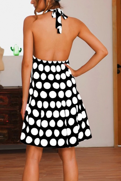 Amazing Women's Sleeveless Halter Polka Dot Printed Mini A-Line Dress