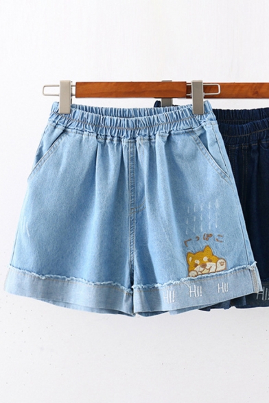 Casual Cute Girls Elastic Waist Japanese Letter Dog Embroidery Rolled Cuffs Relaxed Fit Denim Shorts