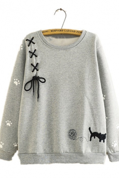 Casual Girls' Long Sleeve Round Neck Lace Up Cat Footprint Printed Loose Fit Sherpa Liner Pullover Sweatshirt