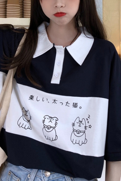 Cool Fashion Ladies' Three-Quarter Sleeve Lapel Collar Button Detail Cats Japanese Graphic Colorblocked Loose Fit Polo Shirt
