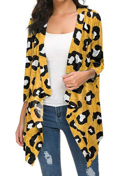 Cool Fashion Women's Long Sleeve Draped Front Leopard Printed Relaxed Fit Cardigan