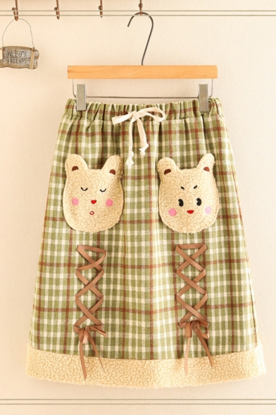 Cute Designer Girls' Drawstring Waist Checkered Cat Printed Lace Up Fluffy Pocket Patched Ruched Short A-Line Skirt