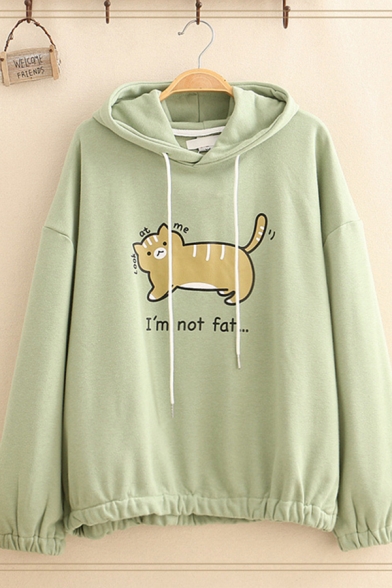 Cute Girls' Long Sleeve Drawstring Letter I'M NOT FAT Cat Graphic Relaxed Fit Hoodie