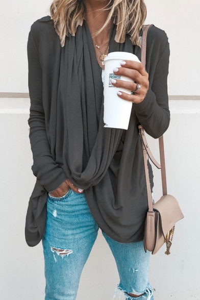 Elegant Trendy Ladies' Long Sleeve Cowl Neck Solid Color Slim Fit Asymmetric T-Shirt