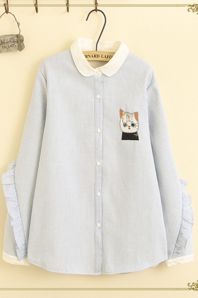 Fantastic Girls Long Sleeve Lapel Collar Button Down Cat Embroidery Ruffled Trim Stripe Printed Contrasted Oversize Shirt