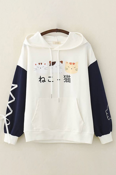 Fashion Ladies Long Sleeve Drawstring Japanese Letter Cat Graphic Lace Up Kangaroo Pocket Loose Hoodie