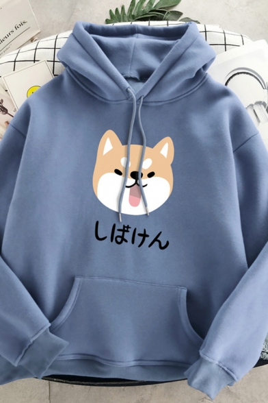 Harajuku Womens Long Sleeve Drawstring Japanese Letter Dog Graphic Relaxed Fit Hoodie