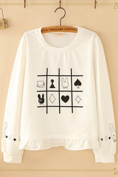 Leisure Girls Long Sleeve Round Neck Cartoon Rabbit Geo Heart Plaid Patterned Ruffled Trim Loose Fit T Shirt in White