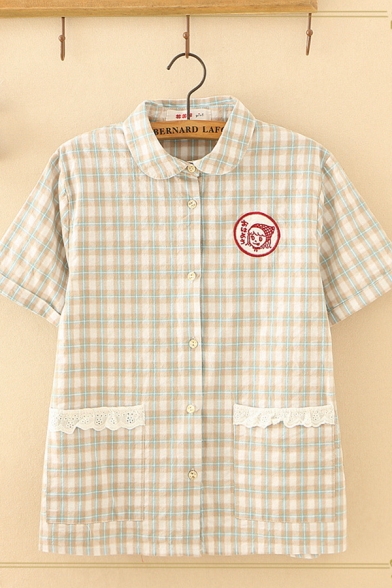 Lovely Girls Short Sleeve Lapel Collar Button Down Pockets Side Lace Trim Embroidery Plaid Print Relaxed Shirt