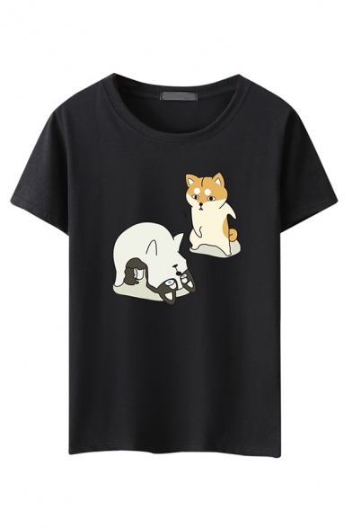 Pop Boys Short Sleeve Round Neck Funny Dogs Print Loose Fit T-Shirt